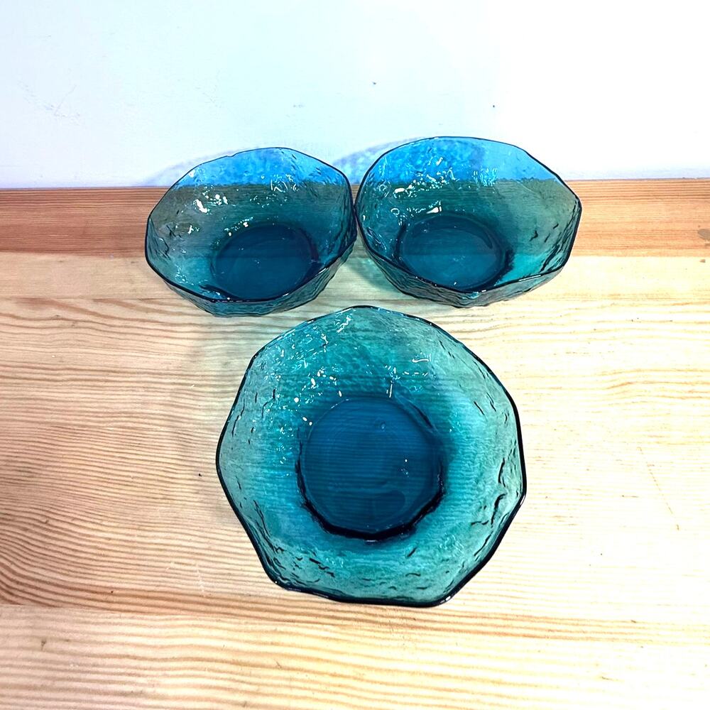 Vintage Anchor Hocking Milano Aqua Dessert Bowls Set of 3 MCM Crinkle